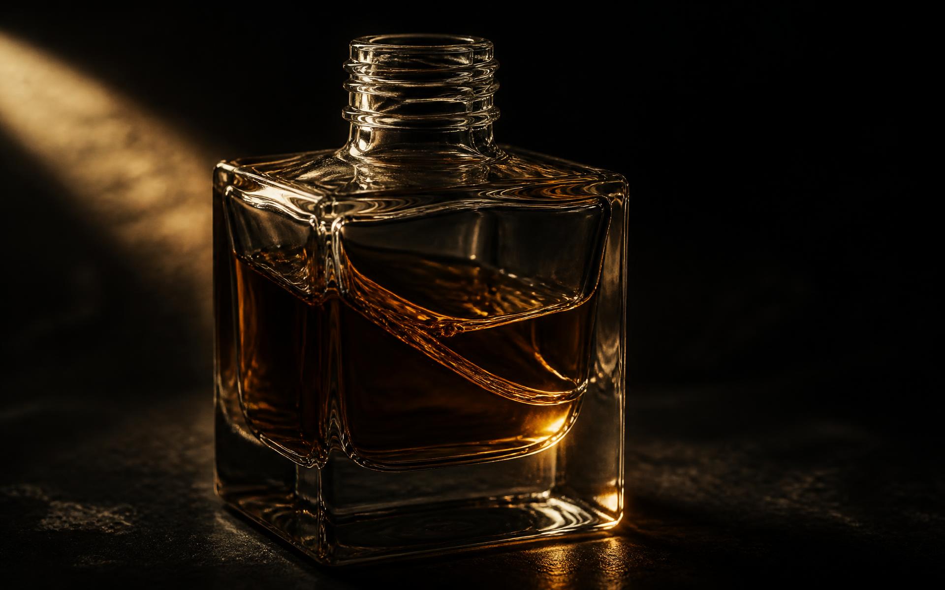 Glass perfume decant vial lit by low golden light